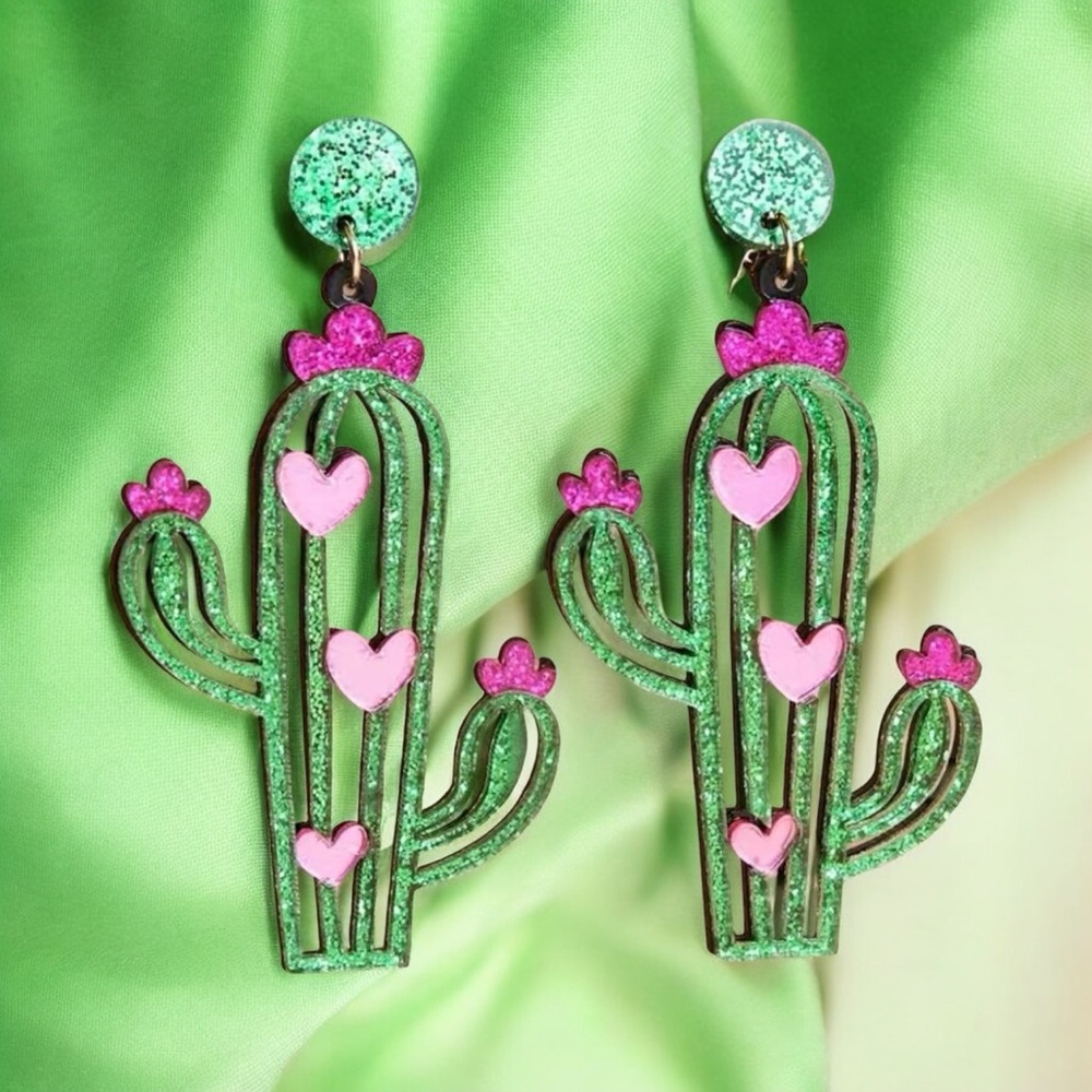 Cactus with pink hearts‎ acrylic CLIP-ON earrings